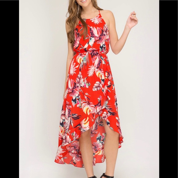 SHE & SKY HALTER FLORAL WRAP MIDI DRESS - Picture 8 of 8